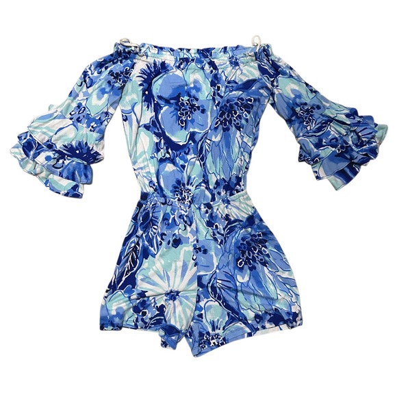Lilly Pulitzer XXS Calla Off the Shoulder Romper Floral Print Blue - Picture 3 of 5